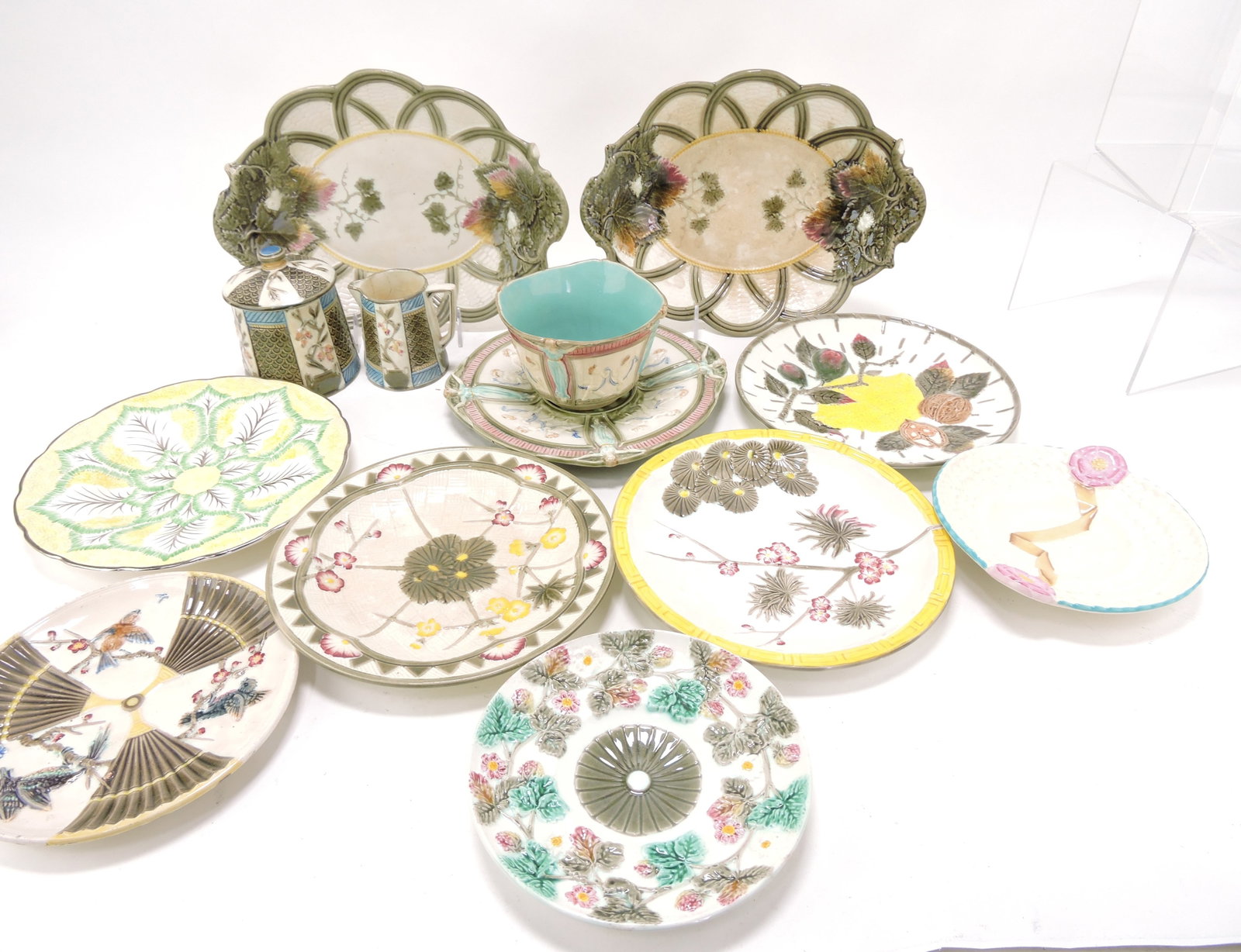 Wedgwood Argenta majolica lot of: 12 pieces, 4" to 12", various condition