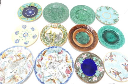 Majolica lot of 12 plates, 7" to 10",