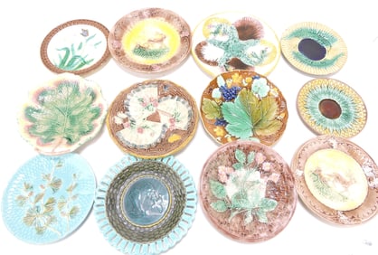 Majolica lot of 12 plates, 7" to 10",
