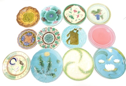 Majolica lot of 12 plates, 6 1/2" to 9",