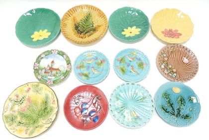 Majolica lot of 12 plates, 6" to 8 1/2",