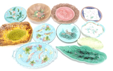 Majolica lot of 11 plates and trays,