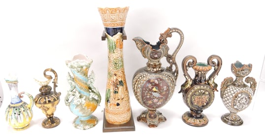 Majolica lot of 7 pieces, various