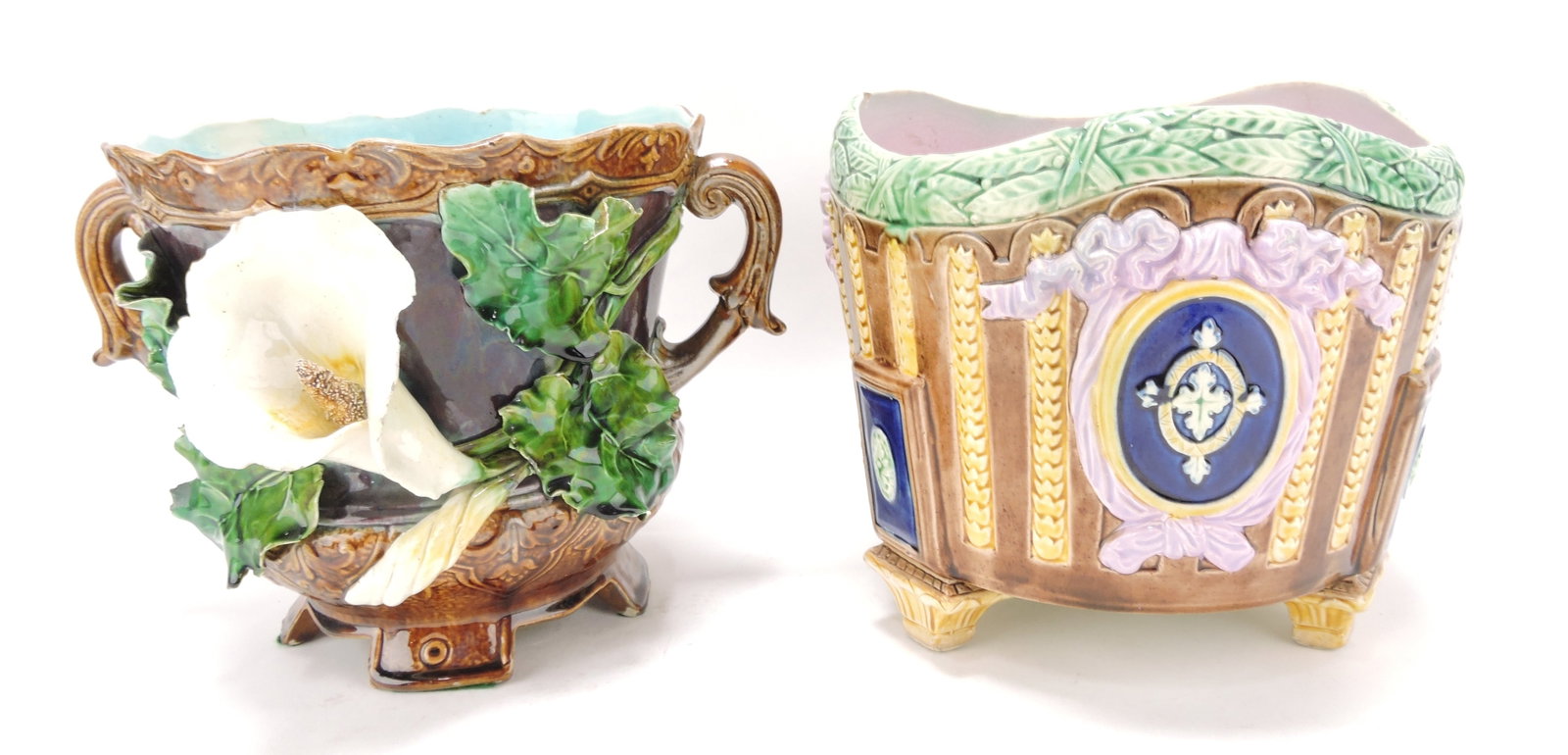 Majolica lot of 2 jardinieres, various: condition, 8 1/2"