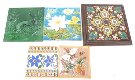 Majolica lot of 5 tiles, 6" to 8",