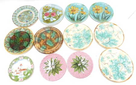 Majolica lot of 12 plates, 6" to 8 1/2",