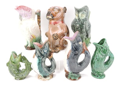 Majolica lot of 7 figural pitchers,