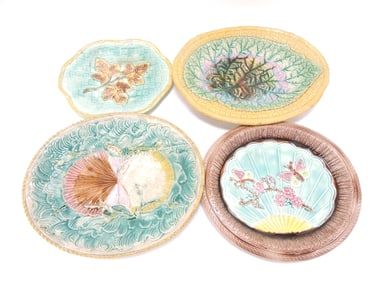 Majolica lot of 4 platters, 10 1/2" to