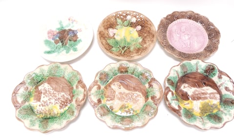 Majolica lot of 6 platters and plates,