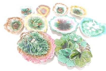 Majolica lot of 10 leaf trays, 7 1/2" to