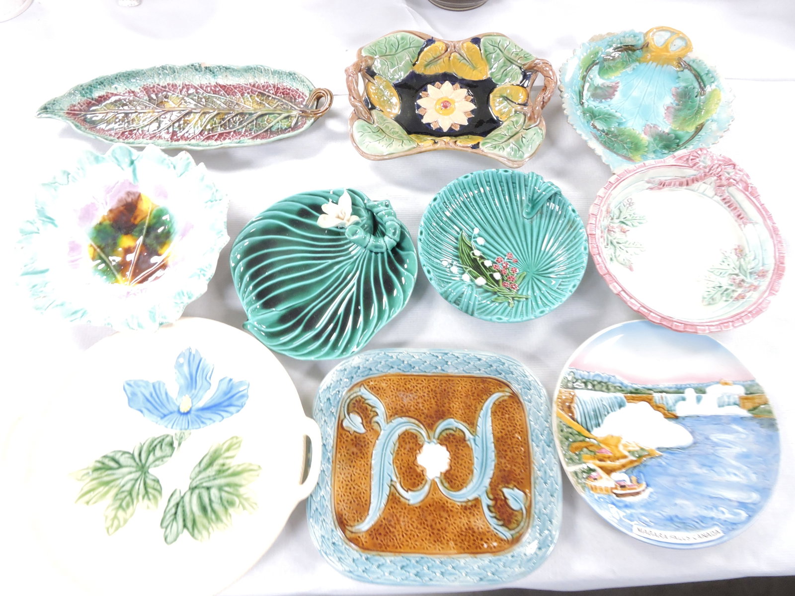 Majolica lot of 10 trays, 8" to 14": .