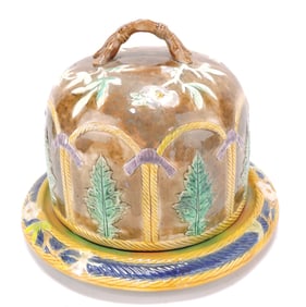 Majolica rope and fern cheese keeper,