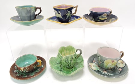 Majolica lot of 6 cups & saucers,