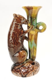 Majolica figural vase, rat with a horn,