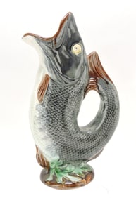Majolica gurgling fish jug, 12"