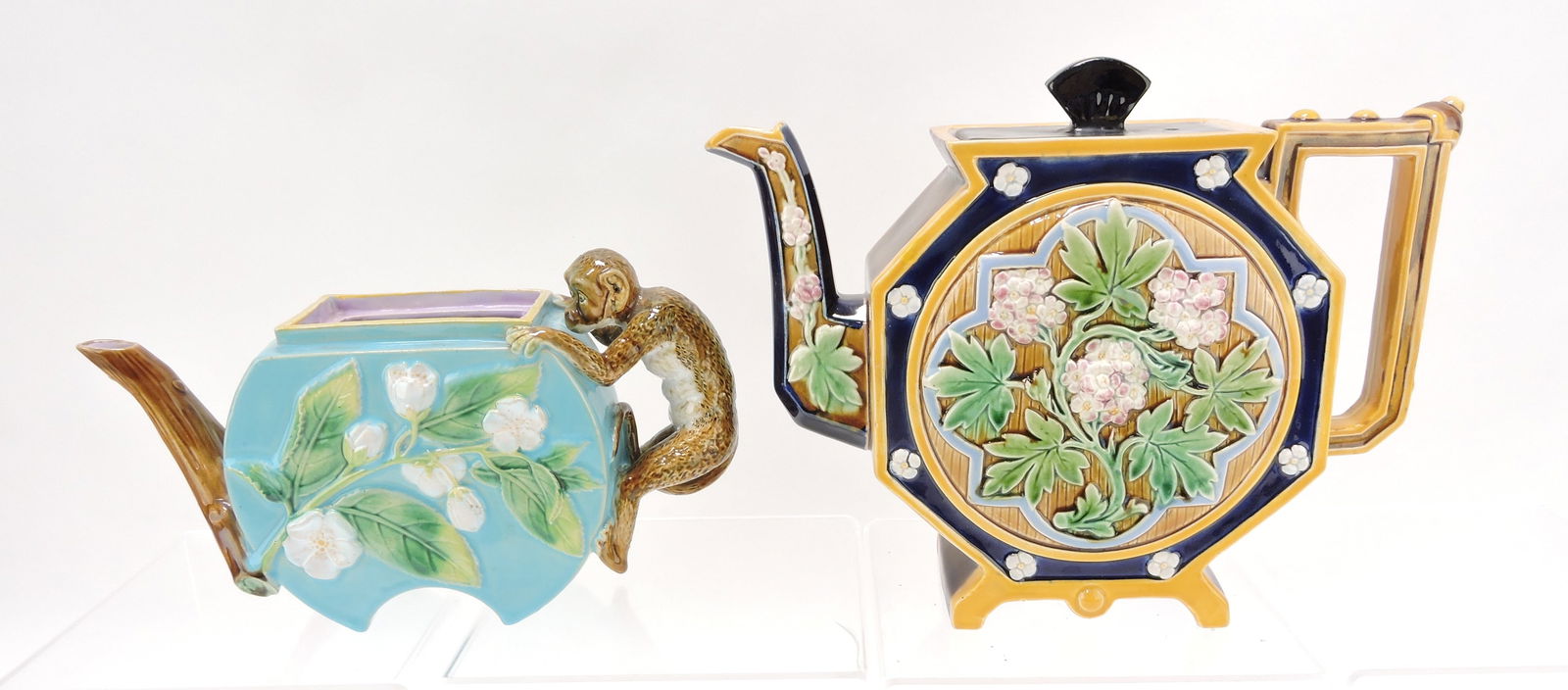 Geroge Jones majolica monkey: handled teapot 5 1/2" (lacking lid) AND TC Brown Westhead & Moore octagon teapot 8" (replaced lid)