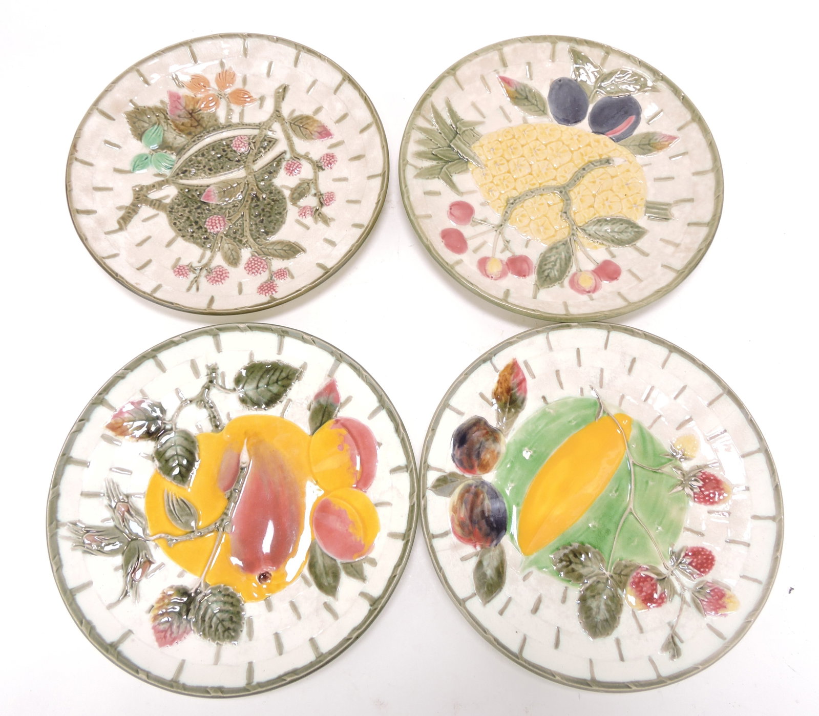 Wedgwood Argenta majolica lot of: 4 fruit and basket plates, 8 3/4"