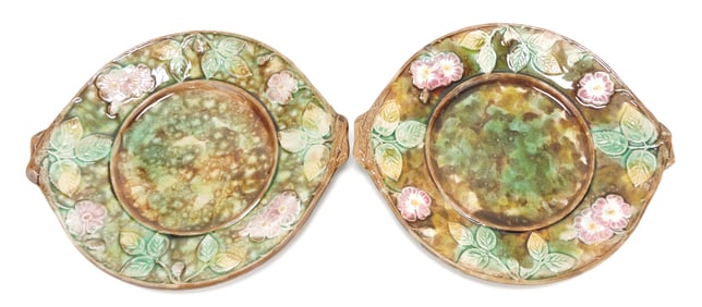 Majolica pair of mottled floral trays,