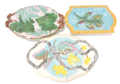 Majolica lot of 3 platters, 10 1/2" to