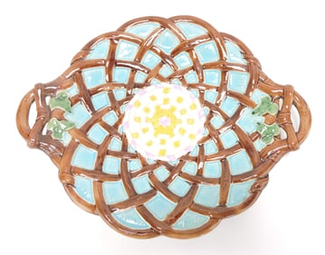 Majolica wicker and vine tray, 14",