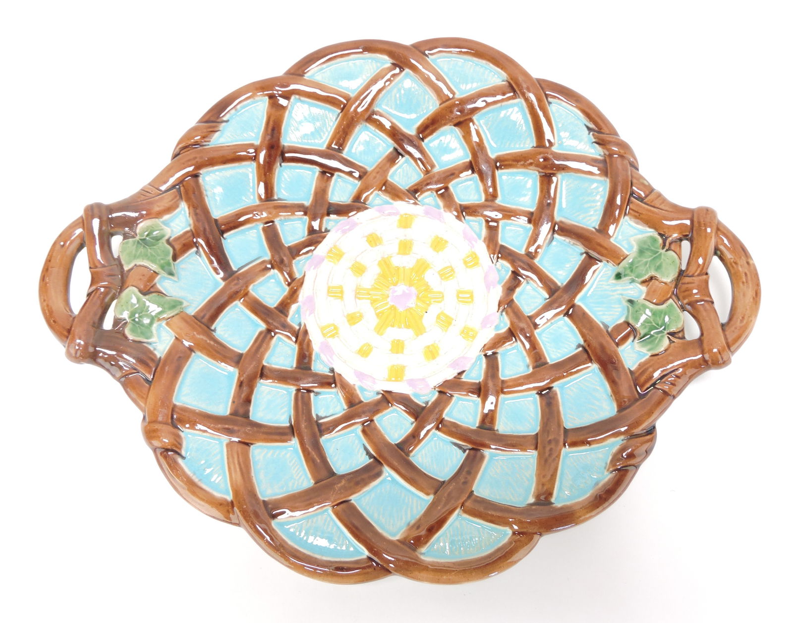 Majolica wicker and vine tray, 14",: professional handle repair