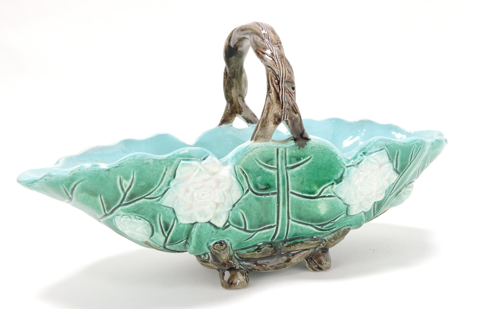 Holdcroft majolica water lily basket,: 6"h, 10"w