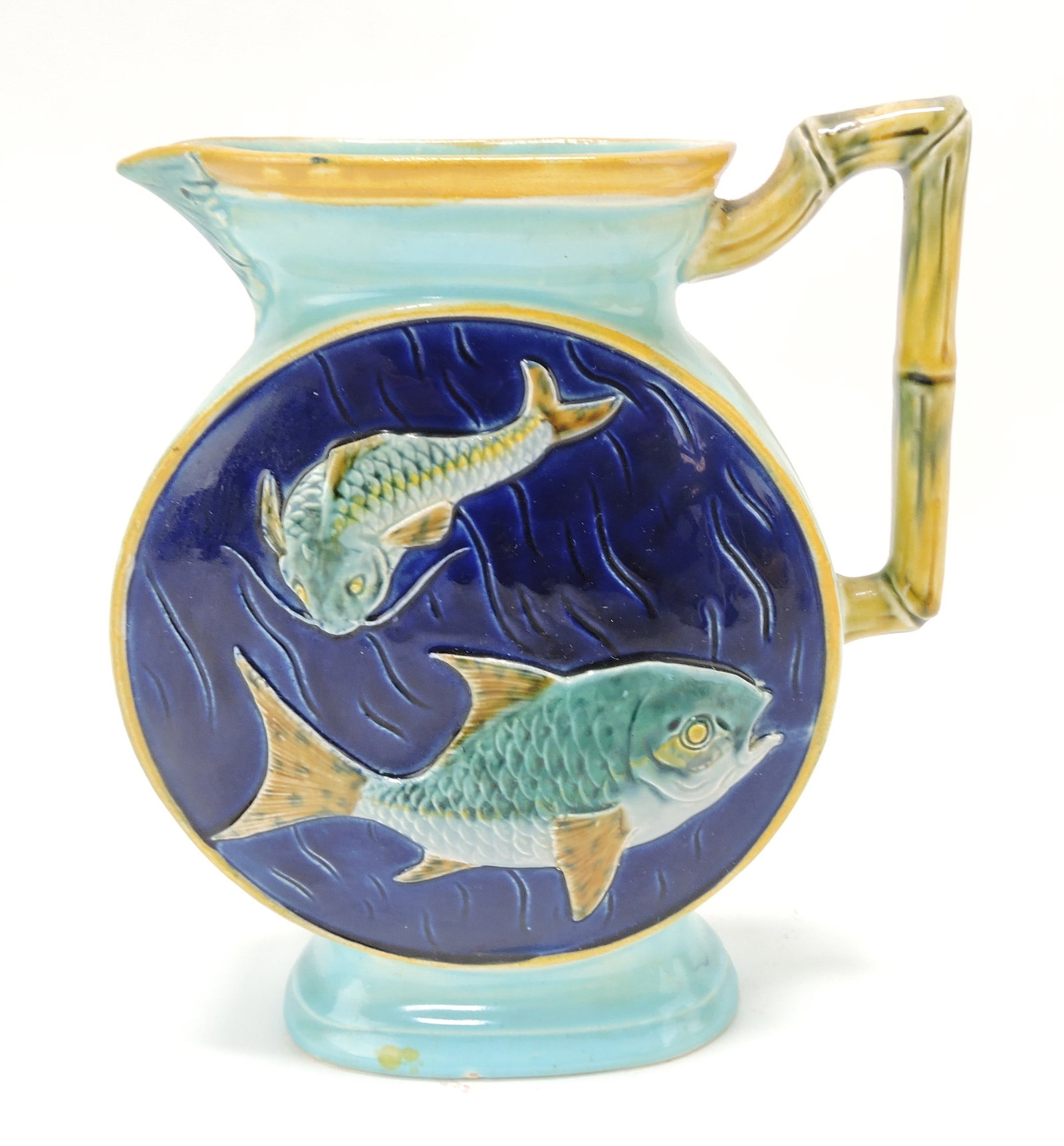 Holdcroft majolica flat sided fish jug, (1 of 2)