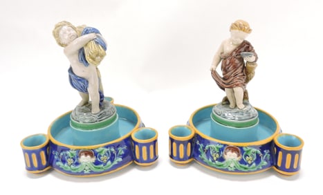 Minton majolica pair of figural posey