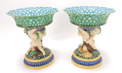 Minton majolica pair of figural comports