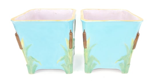 Minton majolica pair of cattail cachepots,