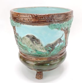 Majolica jardiniere with scenes of