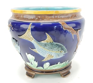 Holdcroft cobalt majolica fish cachepot,