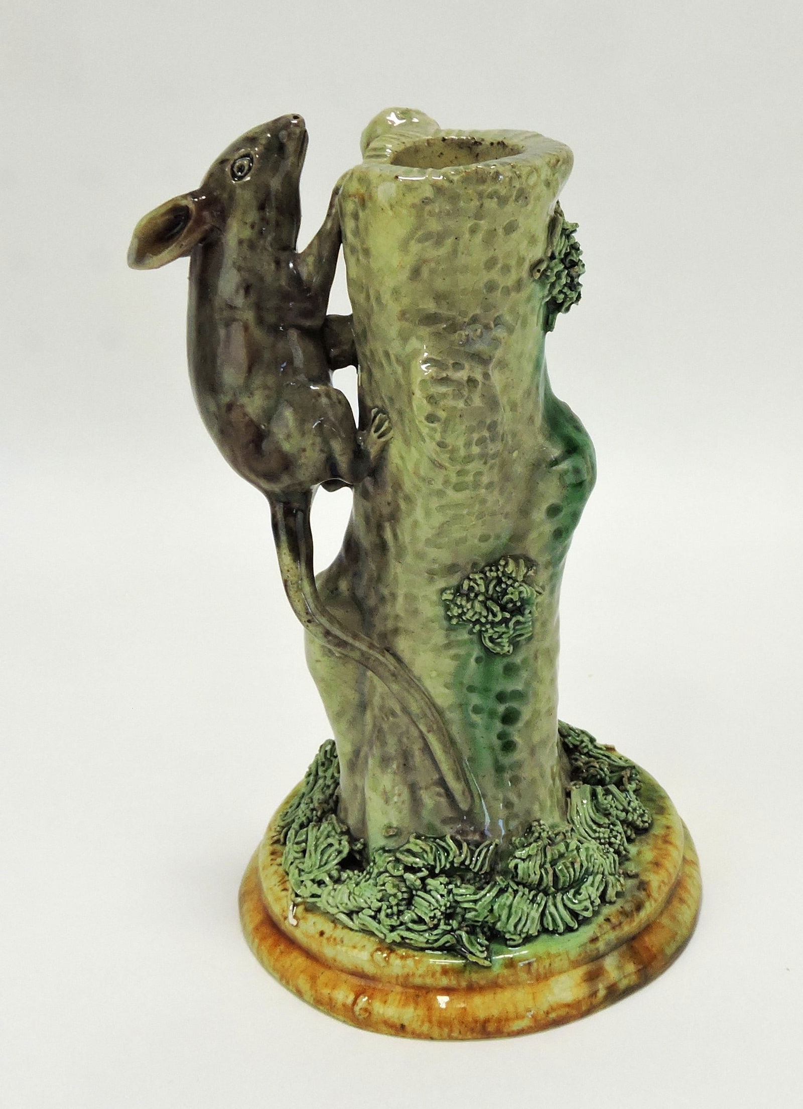Mafra Portugal Palissy majolica: candle stick with mouse running up a tree, 6"