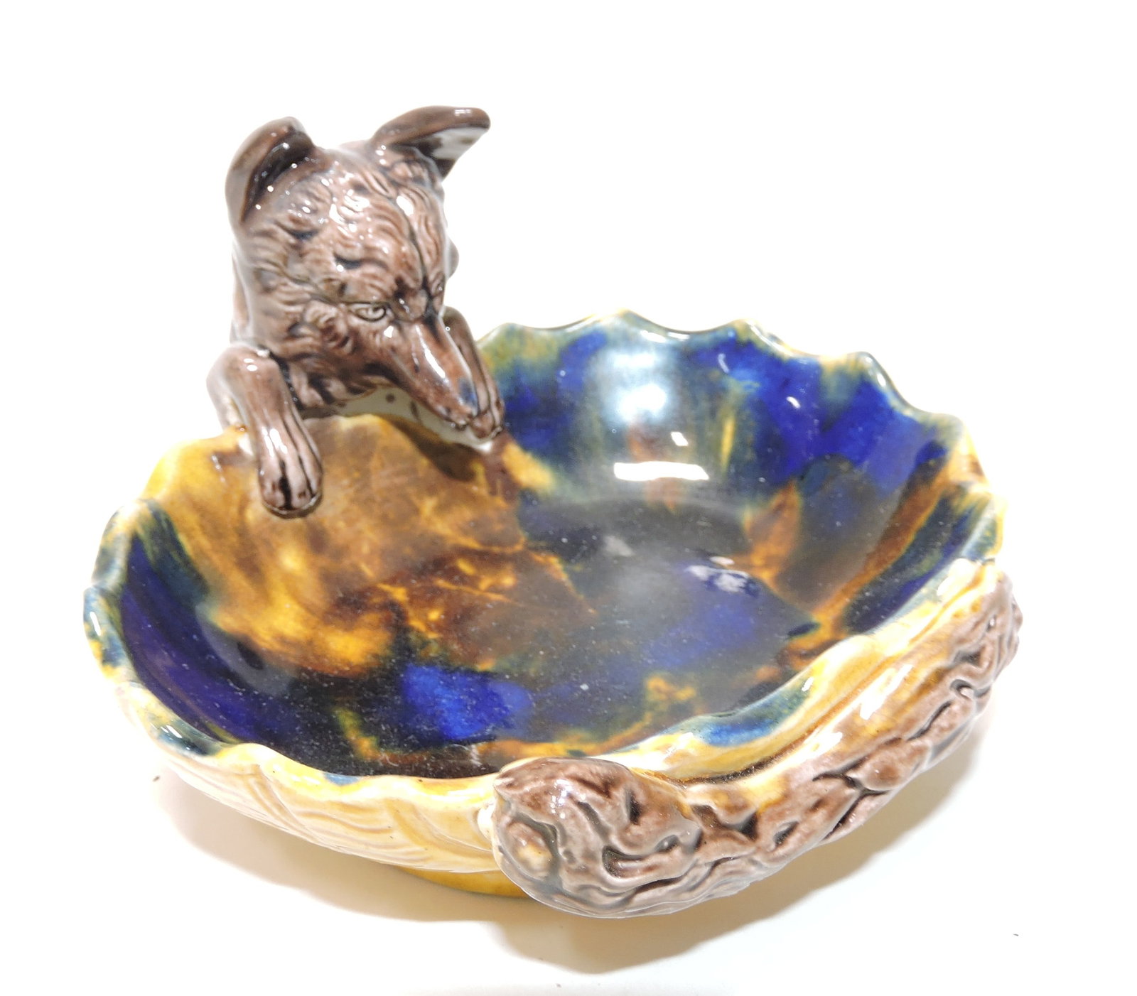 Majolica fox ashtray, professional: ear repair, 2 1/2"h, 4 3/4"w