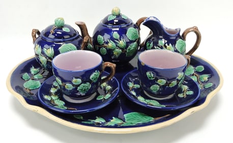 Majolica cobalt tea set with 14 1/2" x