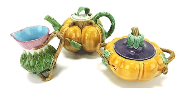 Minton majolica three piece tea set