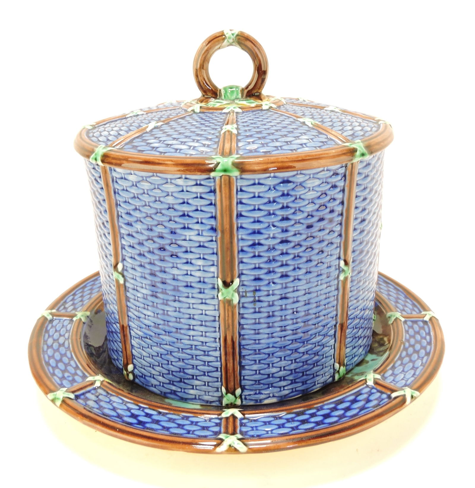 Wedgwood cobalt majolica wicker: cheese keeper, 11"h, 12"d, professional rim repair to base