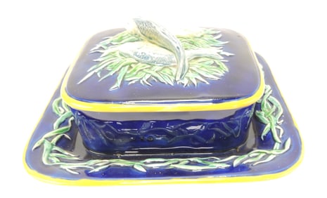 Minton majolica cobalt sardine box,