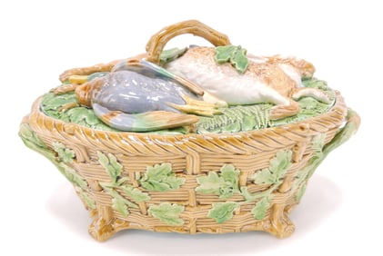 Minton majolica game dish with wicker
