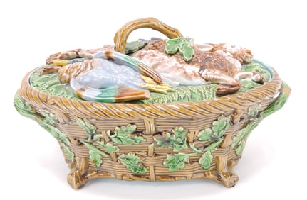Minton majolica game dish with wicker