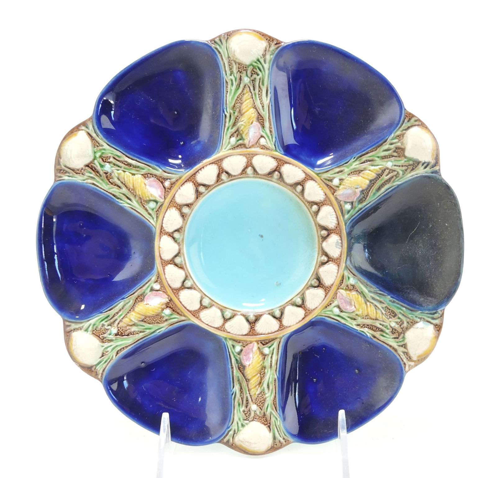 Minton majolica cobalt six well oyster: plate, shape no 1323, 9", rim repair