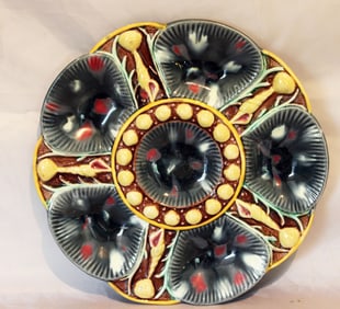 Majolica five well oyster plate,