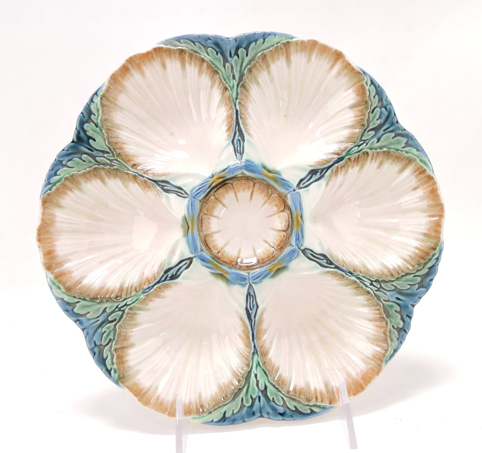 Sarreguemines majolica six well oyster: plate, 9 1/2"