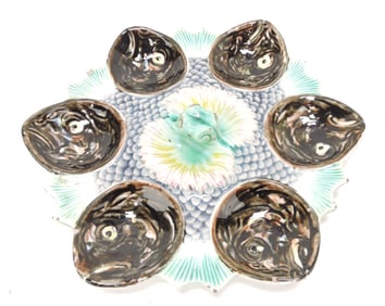 Majolica handled six well oyster plate,