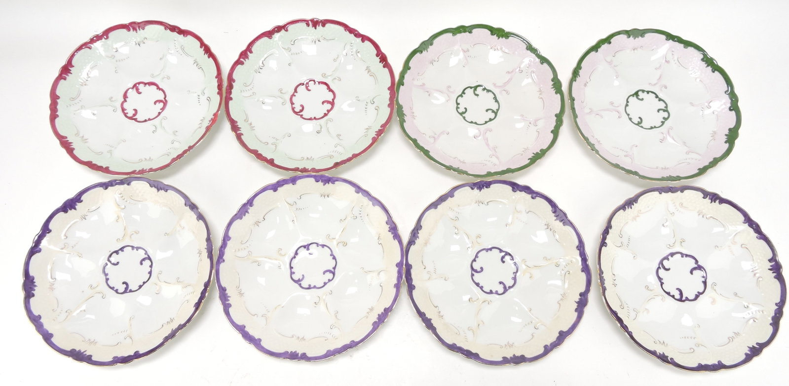 Porcelain set of 8 six well oyster plates,: 8 1/2"