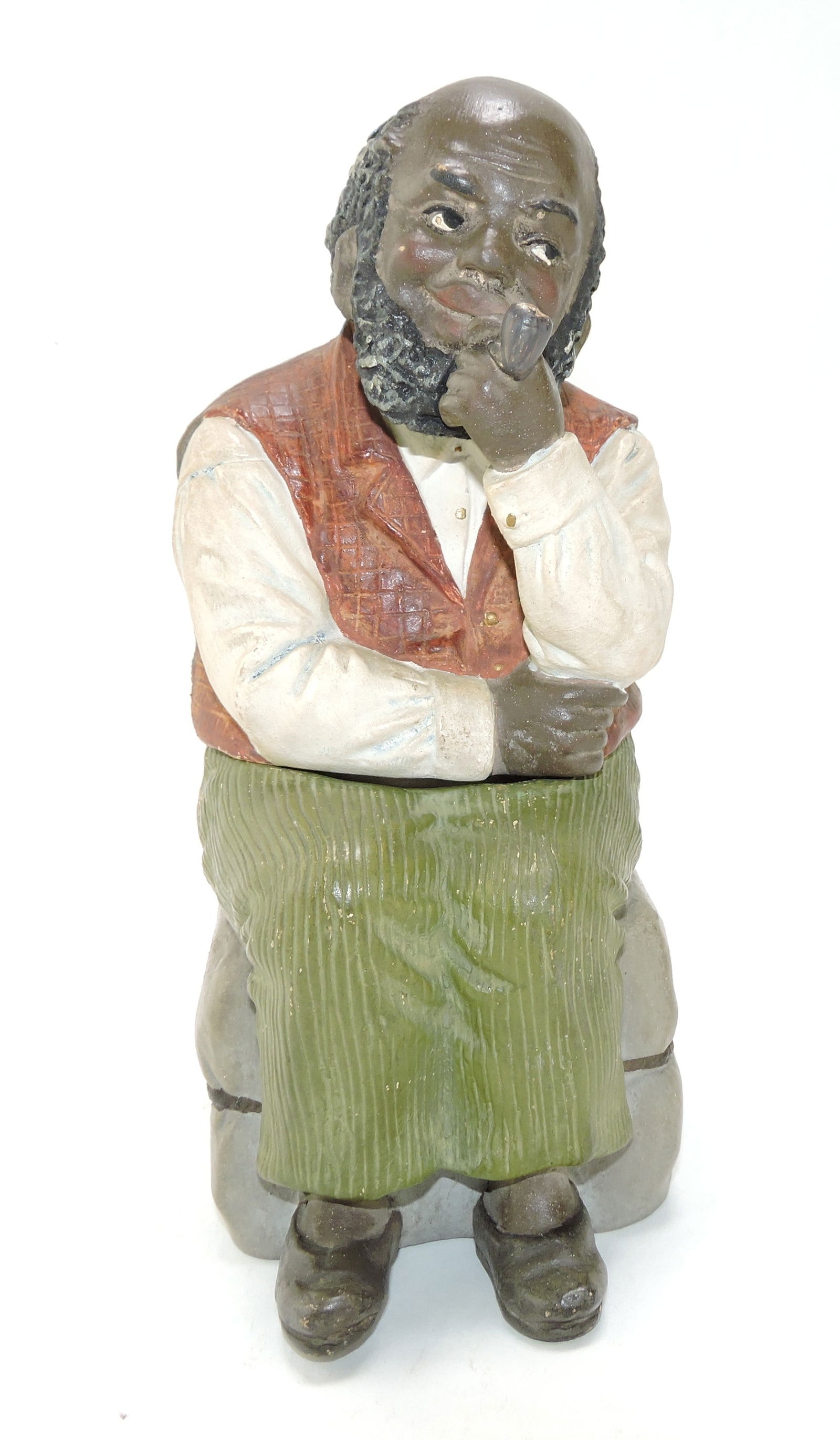 J. Maresch Black Americana terra: cotta figural tobacco jar of man smoking pipe seated on bale of cotton, 8", ref. Figural Humidors by Horowitz #476