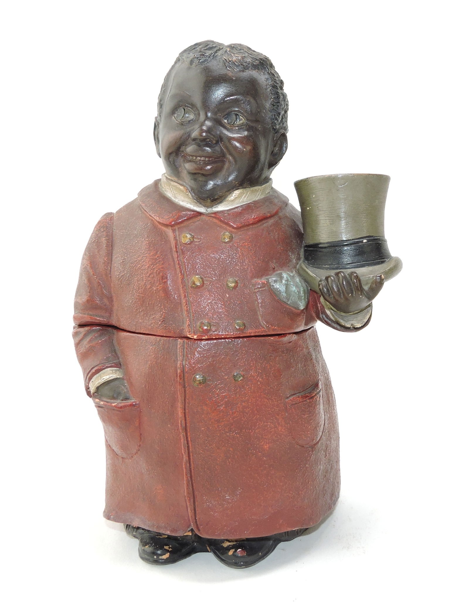 J. Maresch Black Americana terra: cotta figural tobacco jar #3491, 8 1/2", ref. Figural Humidors by Horowitz #481