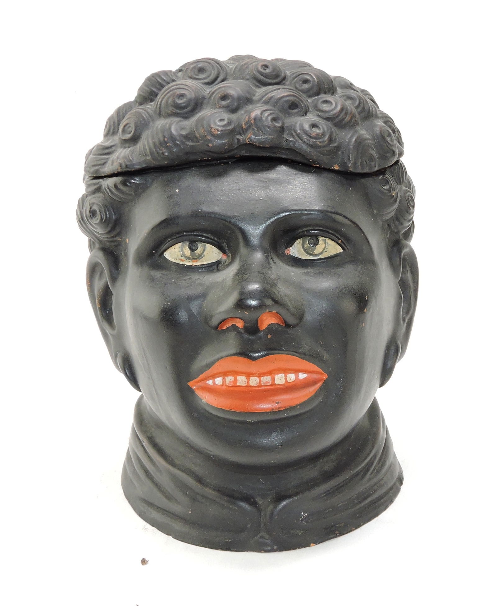 CS Black Americana terra cotta: figural tobacco jar, 8", chip to inside flange of lid