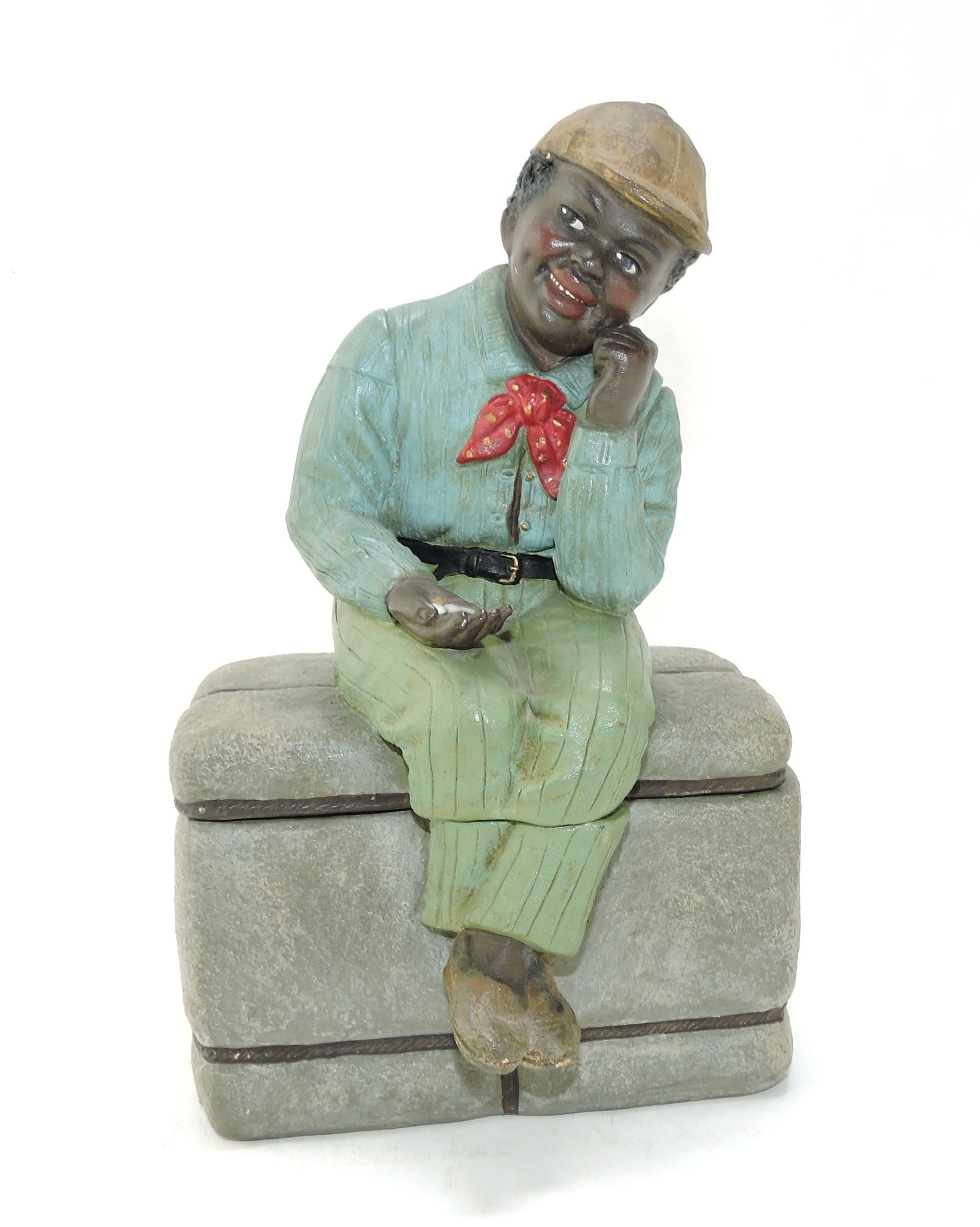 J. Maresch #3512 Black Americana: terra cotta figural tobacco jar of man seated on bale of cotton, 8", ref. Figural Humidors by Horowitz #479