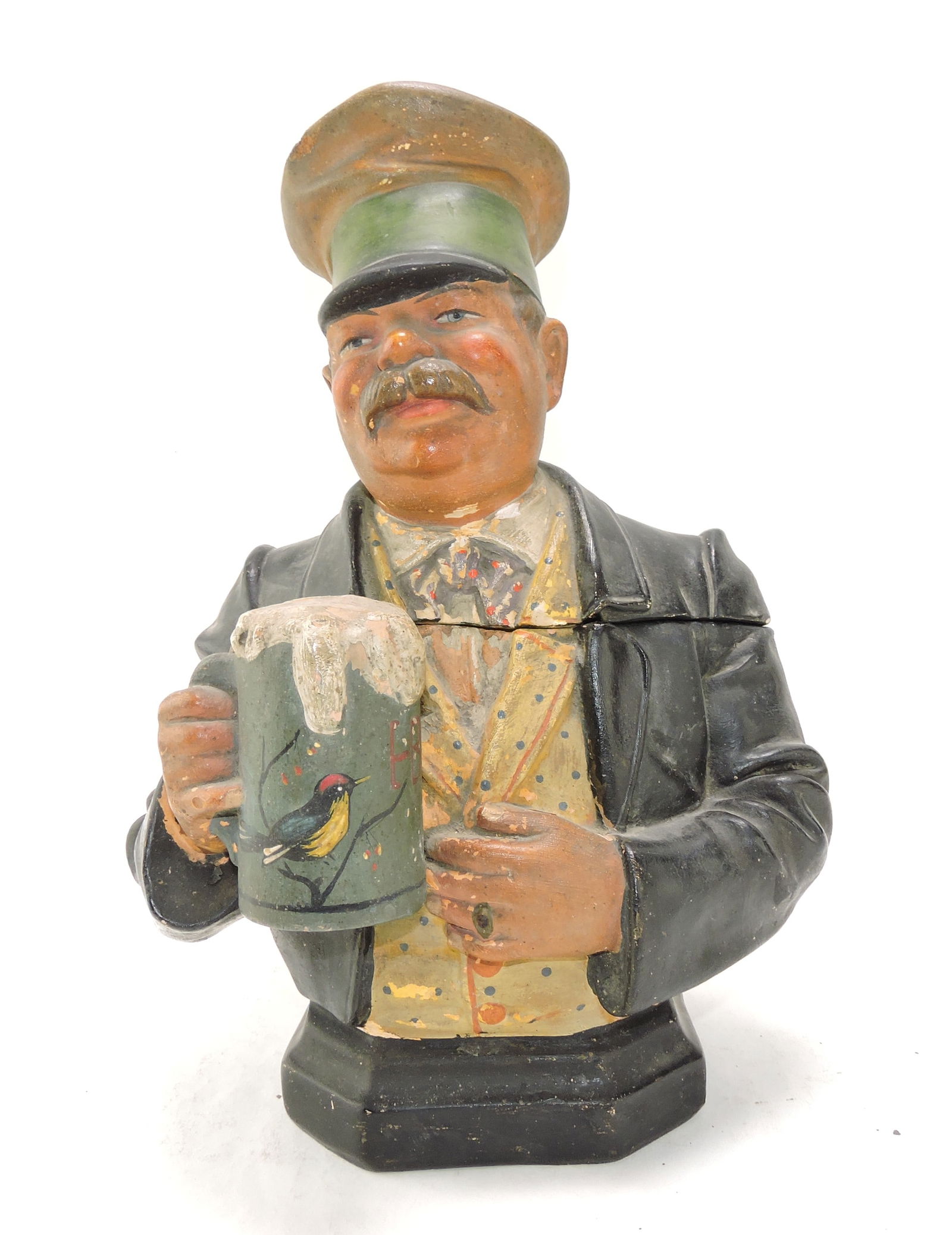 J. Maresch 3916 terra cotta figural: tobacco jar of large man with mug of beer, 12 1/2", nicks/wear, ref. Figural Humidors by Horowitz #457